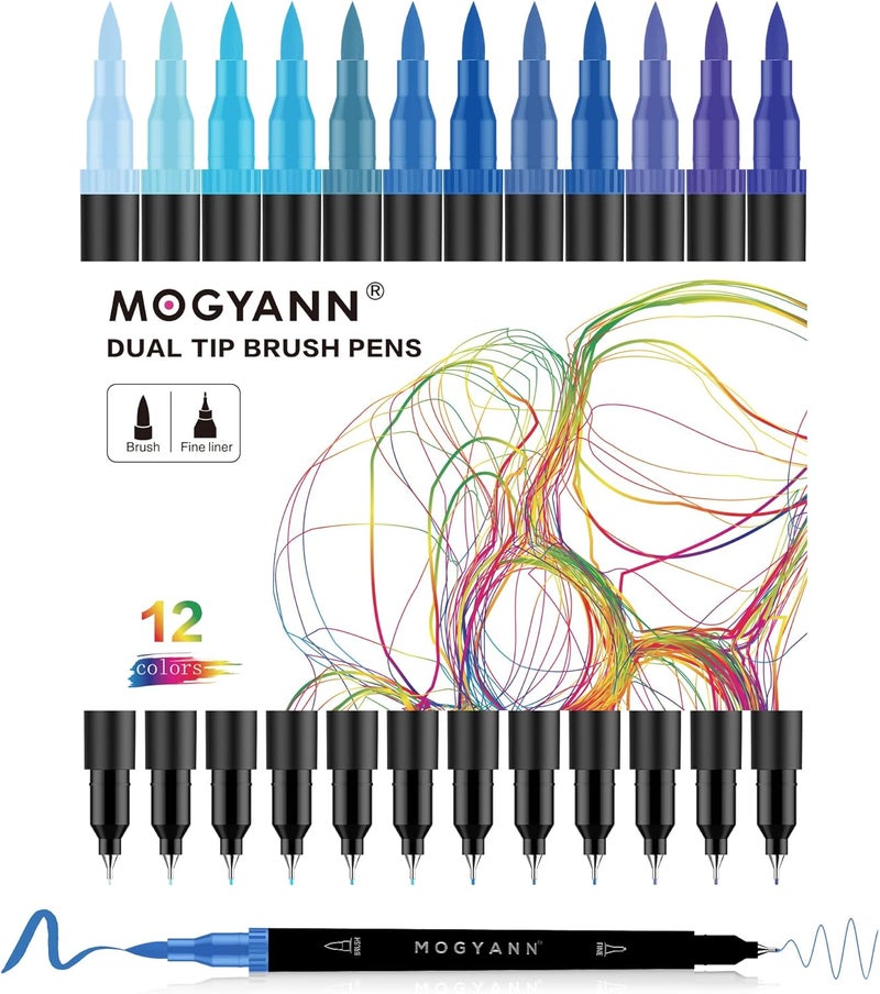 Mogyann Blue Markers, 12 Pack Dual Brush Pens Drawing Markers for Art Sketching - Image 1